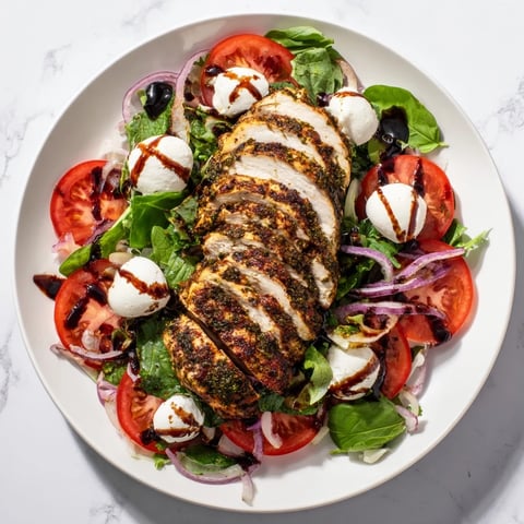 Grilled Caprese Chicken Salad with juicy chicken, ripe tomatoes, and fresh basil, ready to enjoy.