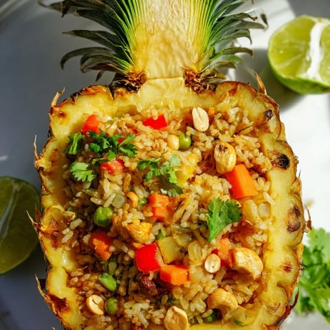 Golden pineapple fried rice served in a hollowed pineapple shell with vibrant veggies and cashews.  