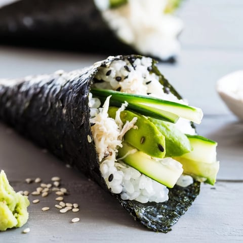 Crisp nori wraps hold delicate sushi rice, creamy avocado, and sweet crab for a fresh Japanese hand roll.  