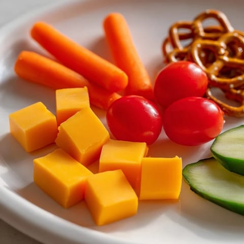 A vibrant Fox & Friends snack tray overflowing with fresh, colorful veggies, fruits, cheese, and crackers.