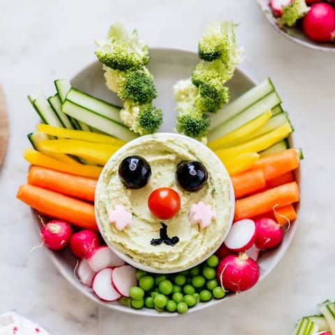 Fresh Bunny Meadow Veggie Board with crunchy carrots, snap peas, and bright cherry tomatoes, ready to snack!