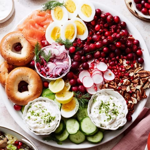 Delicious, festive cranberry bagel board: a brunch spread with creamy cheeses and fresh garnishes.