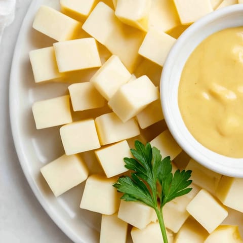 Simple cheese platter with Gouda and a tangy mustard dip, ready for dipping and delightful flavors.