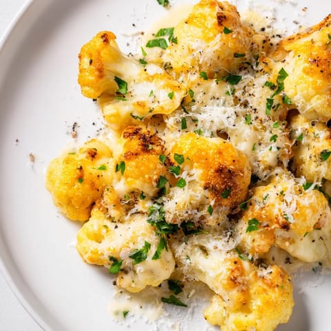 Golden-baked Cheesy Cauliflower Mac showcasing a rich, creamy sauce blanketing roasted cauliflower florets.