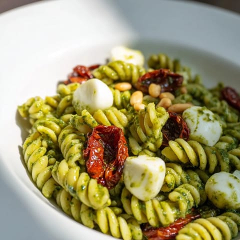 This refreshing Pesto Pasta Salad includes toasted pine nuts, perfect for a summer picnic.