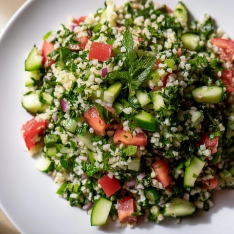 Close-up of vibrant Lebanese Tabbouleh Salad: bursting with fresh herbs and juicy tomatoes.