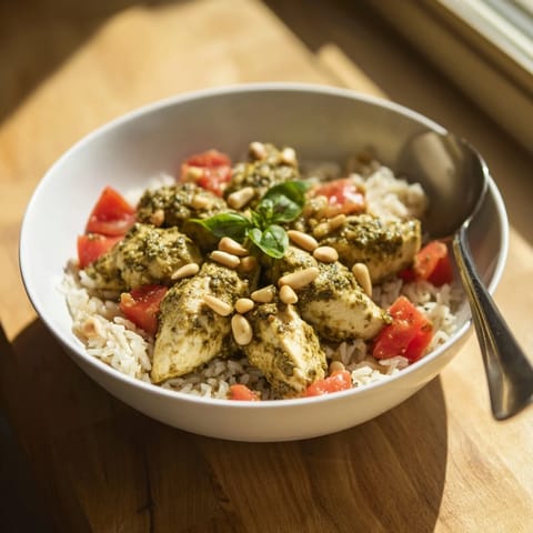 Golden-brown chicken pieces in a rich basil pesto sauce, piled atop steaming white rice and vibrant diced tomatoes.  