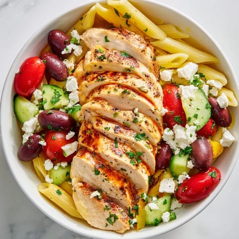 A close-up of a Greek Chicken Pasta Bowl featuring juicy chicken, crisp cucumbers, and briny olives on pasta.  