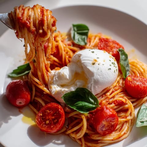 Creamy burrata Caprese pasta with juicy tomatoes and basil on a rustic wooden table.  