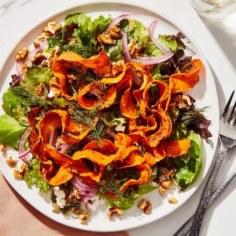 Golden, caramelized carrot ribbons nestled on peppery arugula and spinach, drizzled with a sweet tangy honey–mustard dressing.