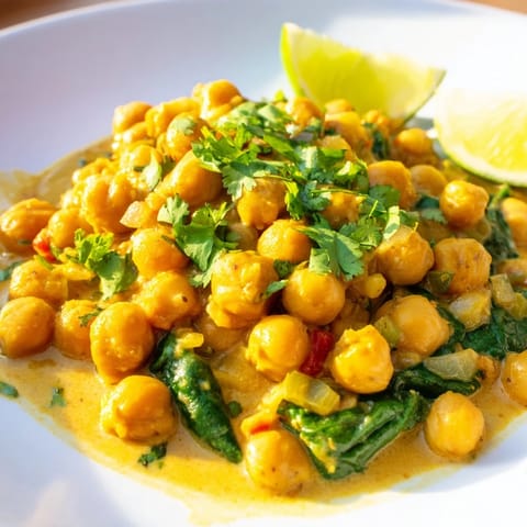 A vibrant bowl of Chickpea Curry garnished with fresh cilantro and lime wedges, ready to serve.  