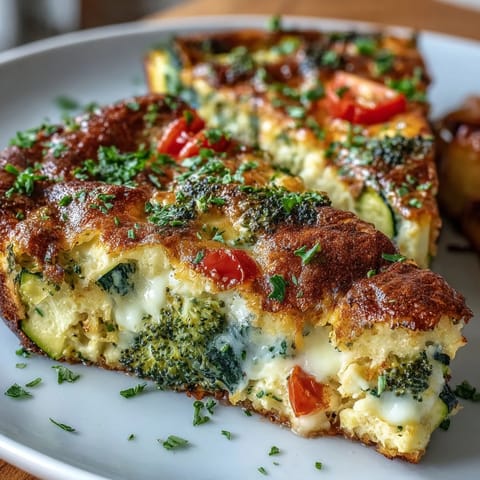 A savory vegetable frittata sliced, bursting with fresh garden flavors.