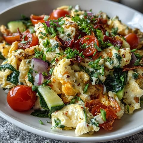 Colorful Egg and Vegetable Scramble, a fluffy breakfast with vibrant veggies.