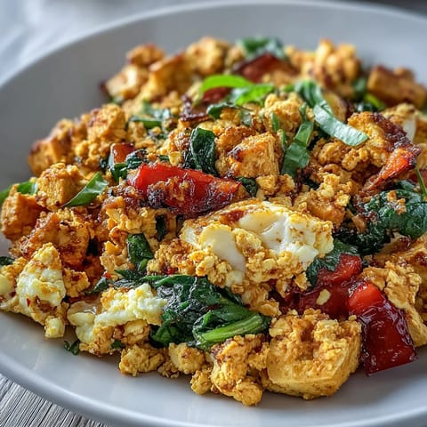 Vibrant tofu scramble loaded with colorful vegetables and savory spices, perfect for breakfast.