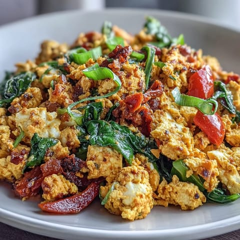 Hearty tofu scramble dish featuring fresh spinach and peppers, sprinkled with herbs.