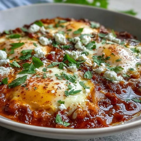 Hearty shakshuka dish, rich with tender eggs, peppers, and tomato comfort.