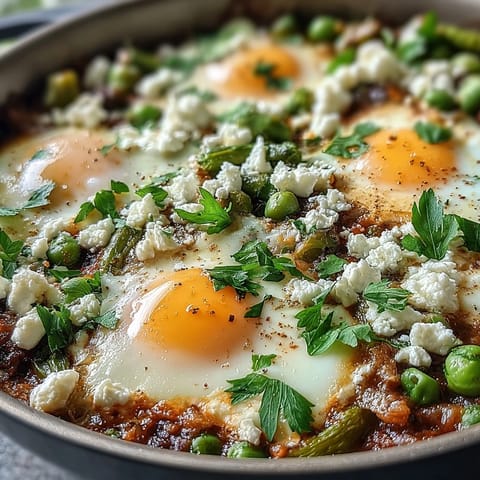 Bright spring Pea and Broad Bean Shakshuka served in a skillet, garnished with herbs and perfect with crusty bread.