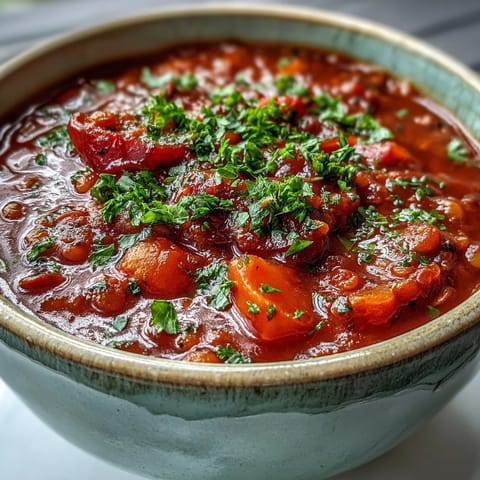 Hearty Tomato Lentil Soup simmering in a pot, surrounded by fresh carrots, celery, and garlic. 