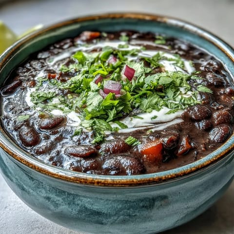 A rustic bowl of black bean soup garnished with creamy avocado and lime.