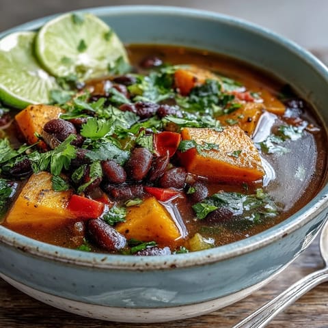 Creamy Sweet Potato and Black Bean Soup garnished with fresh cilantro and avocado in a rustic bowl.