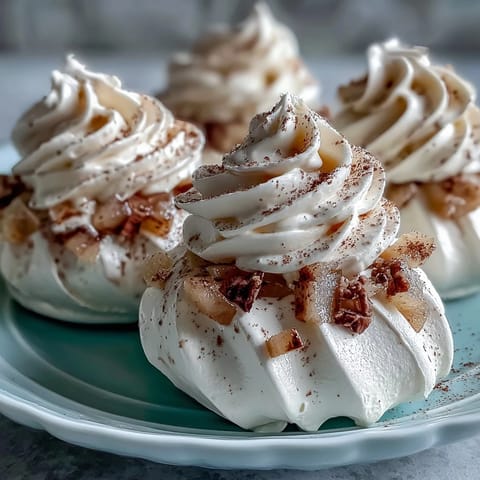 Pavlova nests filled with spiced whipped cream and warm whisky-poached pear chunks.