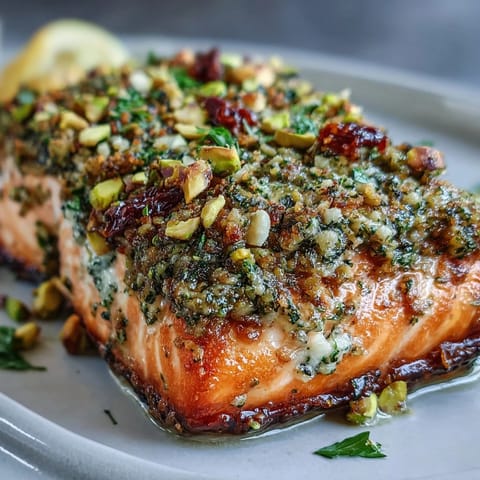 Succulent Confit Salmon with Tahini, Pistachio and Herb Crust topped with a vibrant green herb crust.