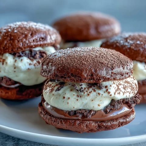 Freshly made Tiramisu Whoopie Pies are stacked high, highlighting the rich chocolate cookie texture and espresso-infused cream center.