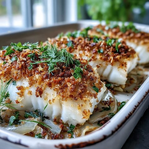 Golden-brown halibut fillets baked on aromatic fennel slices, topped with a crunchy walnut and lemon pangrattato.