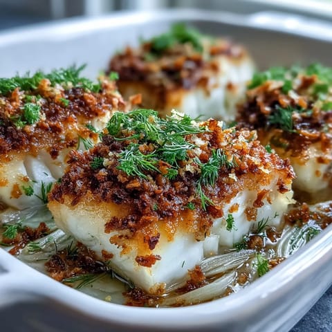 Tender baked halibut with fennel and a crispy lemon-walnut pangrattato, served on a white plate with greens.