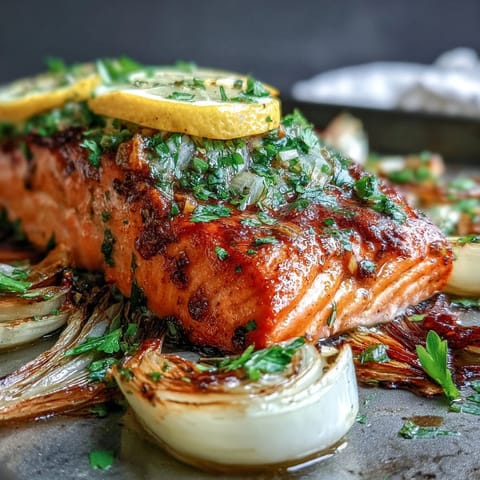 Roasted One-Pan Roast Salmon With Leeks, Onions, and Parsley Dressing alongside lemon slices and fresh herbs.