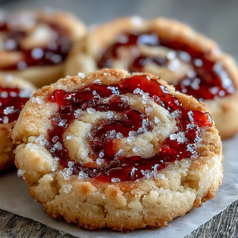 A close-up view reveals Raspberry Swirl Shortbread Cookies on a tray with jam-filled centers, dusted with sugar and ready to serve.