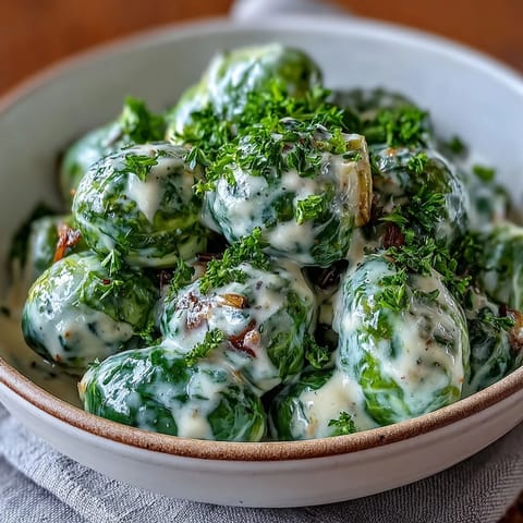 Halved Brussels sprouts sautéed with onion and garlic, served warm in a rich and velvety mustard cream sauce.