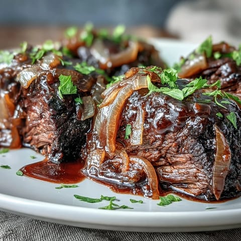A hearty slice of Savory Crock Pot French Onion Pot Roast topped with caramelized onions and fresh parsley.