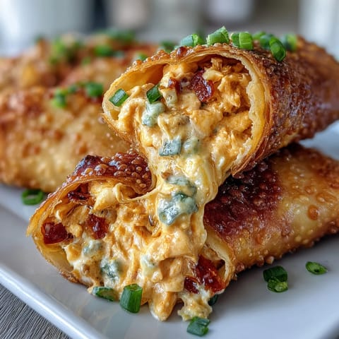 Freshly fried Buffalo Chicken Dip Egg Rolls on a platter with crisp celery sticks and extra dipping sauce.