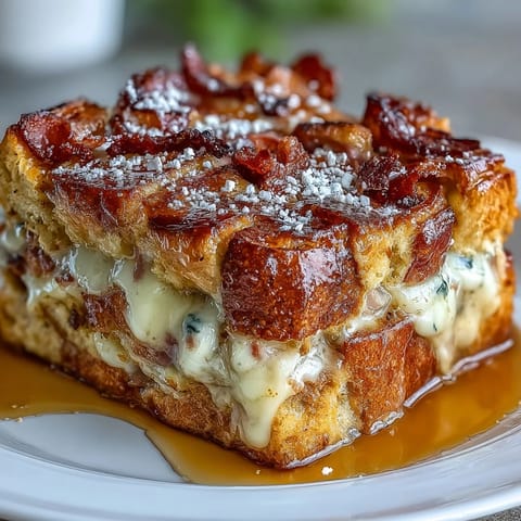 Sliced squares of the Monte Cristo Breakfast Casserole reveal layers of ham, turkey, and Swiss cheese.