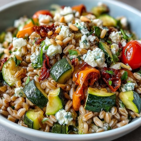 A wholesome Farro Pasta Bowl topped with pine nuts and fresh parsley for a hearty dinner.