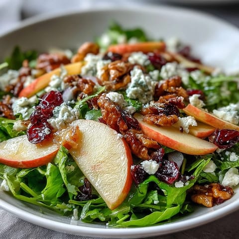 A vibrant Mixed Greens and Apple Bowl salad with bright red apple slices, leafy greens, and a golden honey cider dressing.  