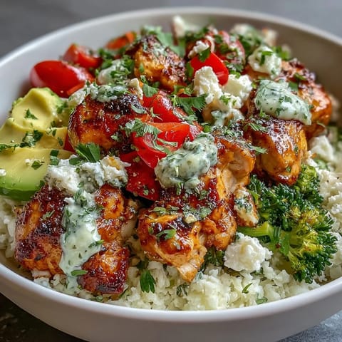 A vibrant Cauliflower Rice Bowl with grilled chicken, red bell pepper, broccoli, avocado, and cherry tomatoes, topped with fresh herbs.  
