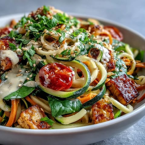 Vibrant Spiralized Vegetable Bowl featuring spiralized zucchini and sweet potato noodles topped with cherry tomatoes, spinach, and herbs.  