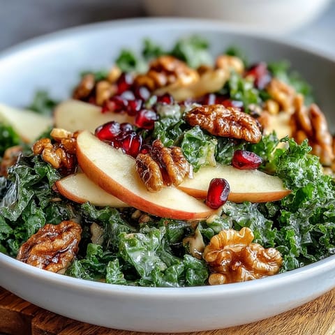 Bright kale salad topped with juicy pomegranate seeds, crisp apple slices, and crunchy walnuts tossed in a tangy apple cider vinaigrette.