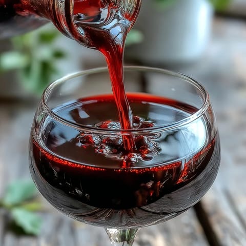A glass bottle of homemade Crème de Cassis liqueur, filled with deep ruby syrup and fresh blackcurrants beside it.