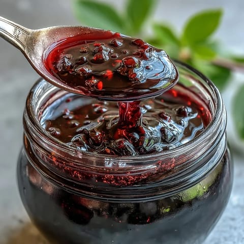 Lush, dark purple black currant shrub in a glass jar with a wooden spoon, showing its rich, syrupy consistency ready for cocktails.