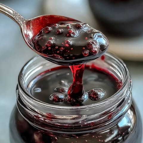 A small glass of sparkling water topped with Black Currant Syrup, a splash of citrus, and a stirring spoon.