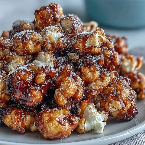 A colorful bowl of homemade Black Currant Cheesecake Kettle Corn garnished with fresh blackberries.