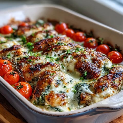 Savory High Protein Chicken Bake served hot from the oven, featuring a creamy Greek yogurt crust and bright red tomatoes.