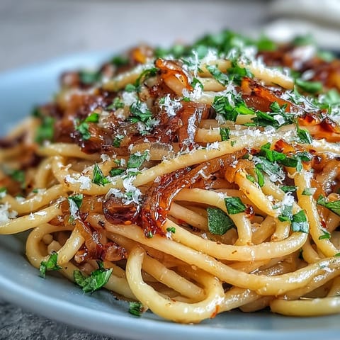 Golden brown caramelized onions and minced garlic simmering in a skillet, ready to be tossed with hot pasta for dinner.