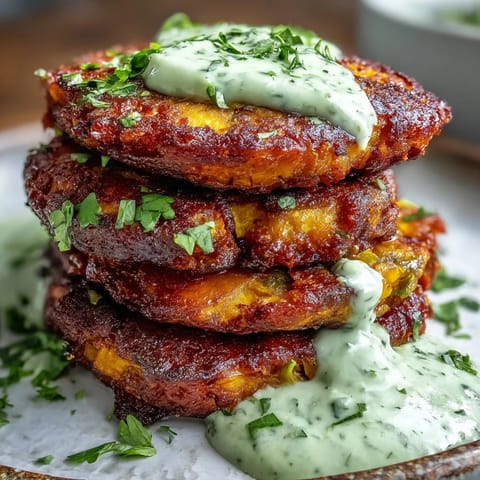Freshly made Crispy sweet potato and red lentil patties rest on a plate, garnished with cilantro and a bowl of green avocado sauce.