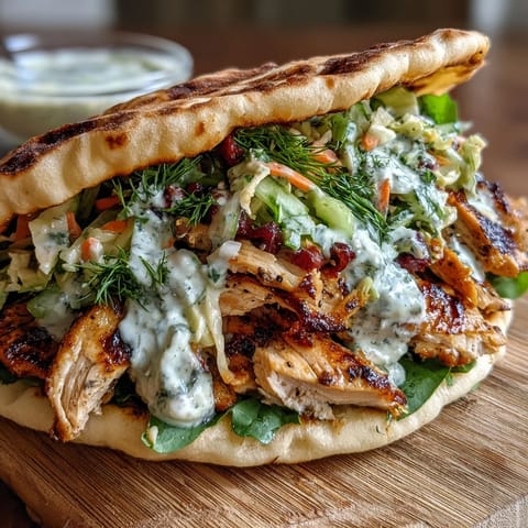 Freshly made Flavor-Packed Chicken Pitas are ready to eat, stuffed with juicy meat and a crunchy, vibrant cabbage slaw.
