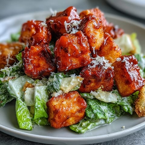 Crispy Buffalo Tofu with creamy Caesar salad topped with tangy dressing, ready to serve as a hearty weeknight dinner. 