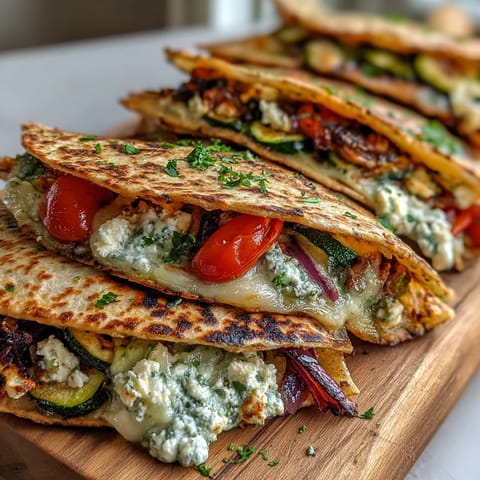 Golden-brown grilled Mediterranean Veggie Quesadillas sliced to reveal melted feta and veggies.